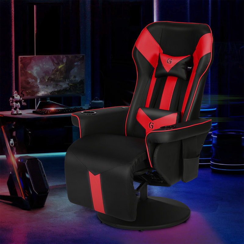 Inbox Zero Reclining Ergonomic Swiveling PC & Racing Game Chair with Built-in Speakers and Footrest, Black/Red