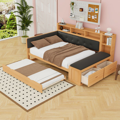 Full Wood Daybed with Trundle, Built-in Storage and USB Charging Ports