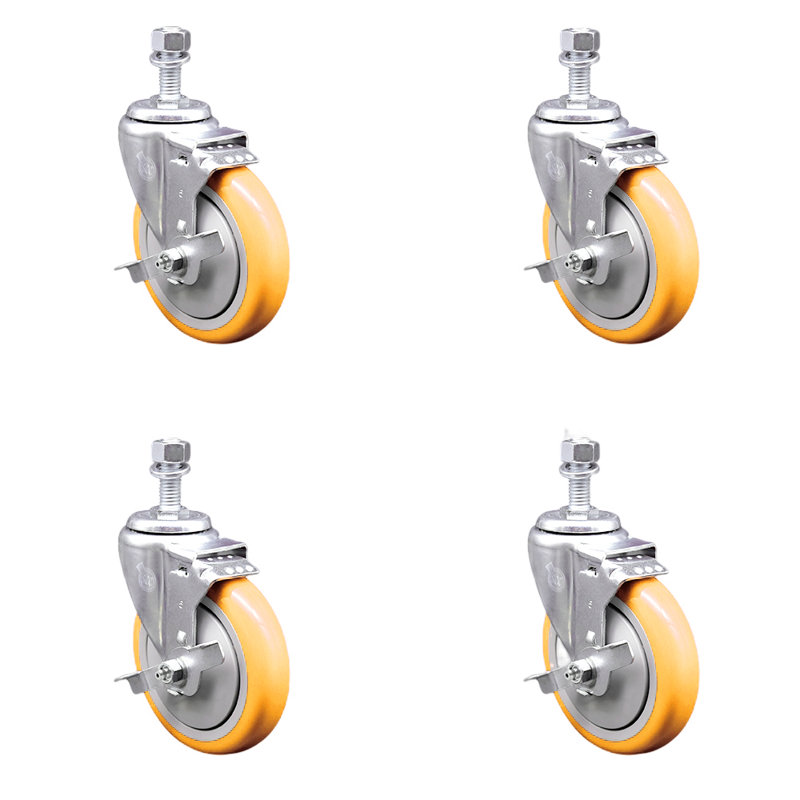 Ensemble de roulettes à tige filetée en polyuréthane de 5 pouces et demi-tige filetée de 0,5 pouce, Jaune