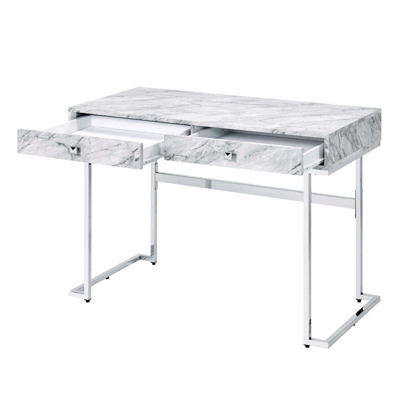 Bureau rectangulaire, 2 tiroirs, plateau en pierre reconstituée blanche, glissières métalliques latérales pour tiroirs, rallonge de 1/2 pouce, espace pour les jambes 89 cm L x 48 cm P x 66 cm, dimensions 46 cm L x 38 cm P x 5 cm, aspect élégant, bureau argenté.