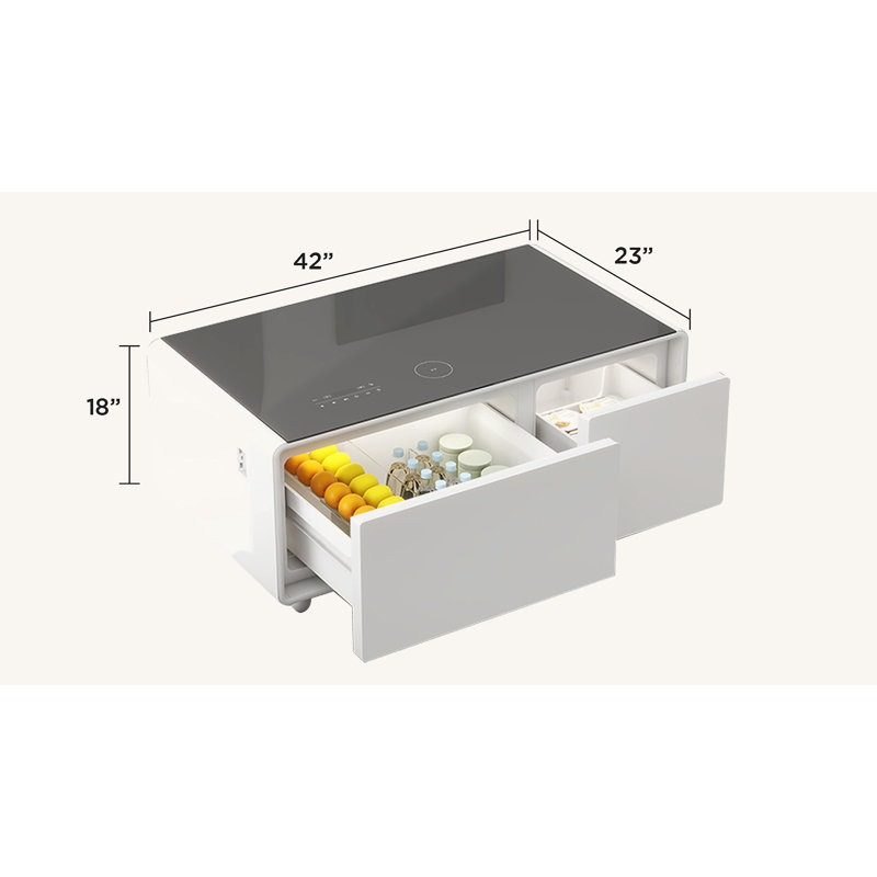 Cherubino Coffee Table with Fridge Cabinet and Bluetooth Stereo with Sockets and Ambient Lighting, White