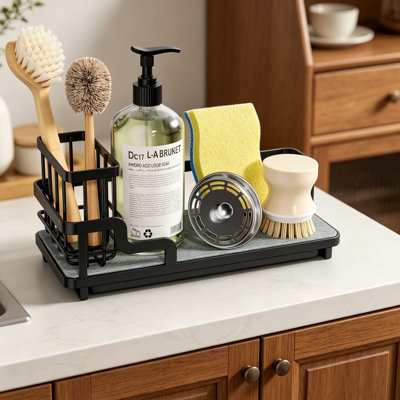 Stainless Steel Kitchen Sink Caddy with Absorbent Stone Tray and Detachable Brush Holder