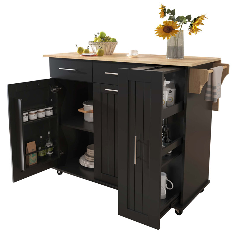 Îlot de cuisine polyvalent avec abattant, organisateur coulissant à 3 niveaux et roulettes pour un rangement et une mobilité accrus