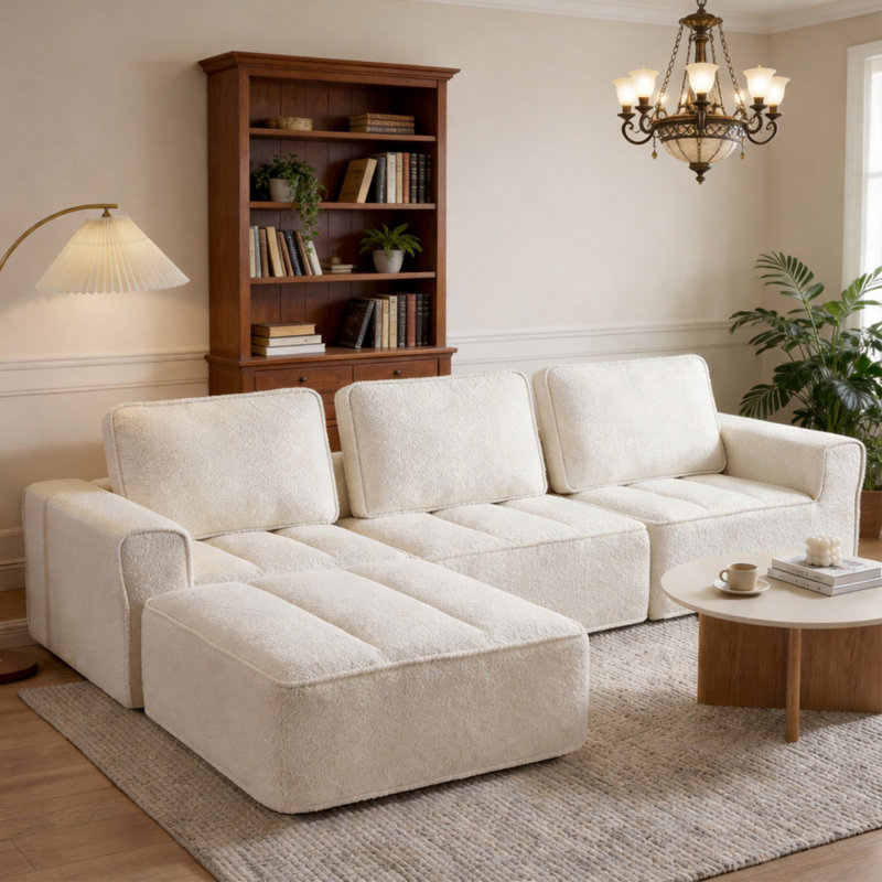 Canapé modulaire convertible de 110 po avec repose-pieds mobile, canapé en nuage moelleux en L, Beige