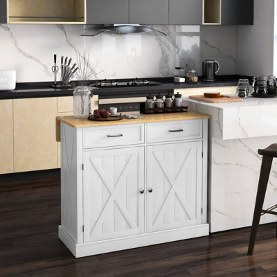 Îlot de cuisine roulant avec espace de rangement extensible - blanc, 2 tiroirs, comptoir à tablettes réglables, tiroirs blancs et pour la salle à manger