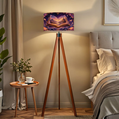  Lampe sur pied à trépied avec livre ouvert magique, paysage fantaisiste, mauve brillant, télécommande et lampe à DEL à intensité variable avec pieds en bois de hêtre et abat-jour en lin amovible pour le salon et la chambre à coucher