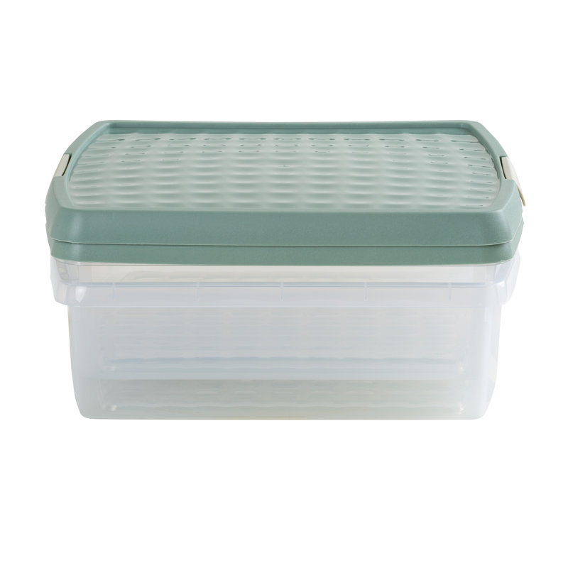 Wham Clip 2x 13.2L Square Plastic Storage Boxes with Secure Clip Lock Lids. L:39.5 x W:39.5 x H:12cm Clear/Green Milieu/Stone