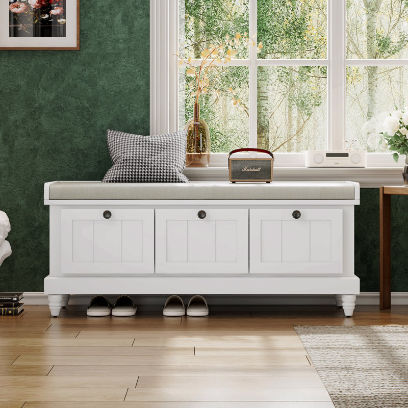 Classic Upholstered 3-Drawer Storage Bench, White