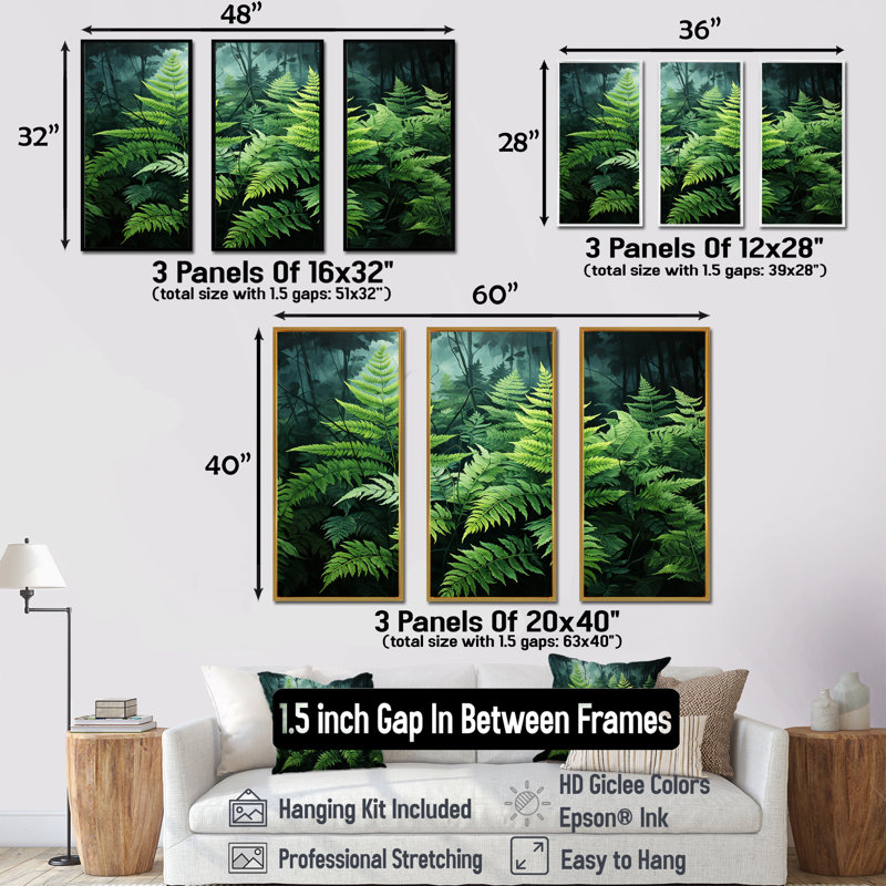 Emerald Green Ferns Forest IV - Plants, ensemble de reproduction d'art mural, Cadre flottant blanc