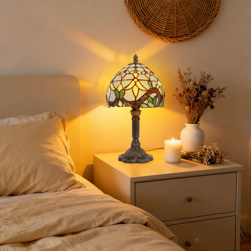 12''h Tiffany Style Table Lamp, Resin Base And Stained Glass Lampshade Table Lamp