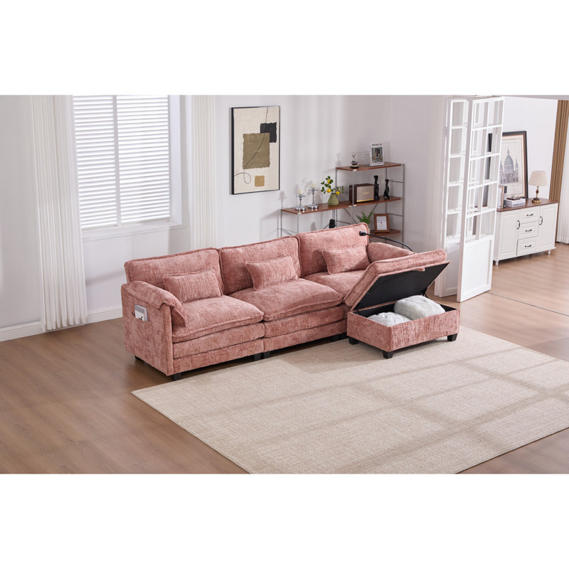 Élégant canapé modulaire en forme de L avec repose-pieds de rangement amovible et ports de charge intégrés pour un confort moderne