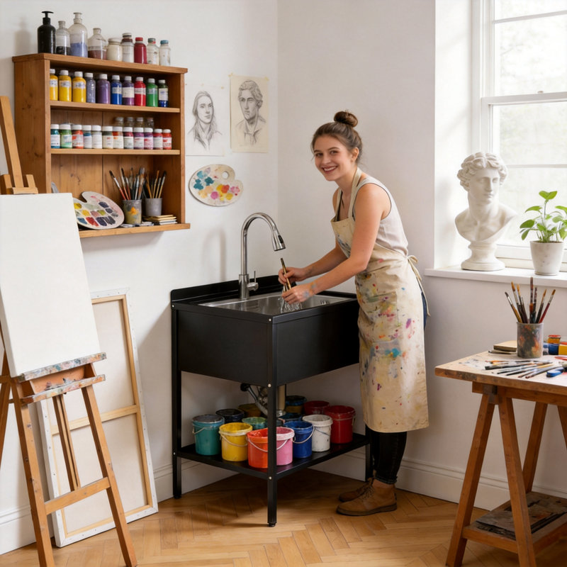 Évier de service autoportant 22,05 po x 32 po, lavabo d'extérieur à cuve simple en acier inoxydable 304 avec robinet rétractable