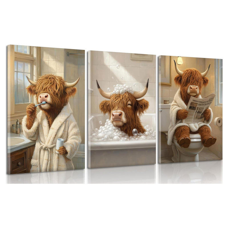 3 pièces Drôle de salle de bain Highland Cow toile Art mural animaux salle de bain peintures murales rustique ferme vache mignonne affiche impression d'art pour la salle de bain toilettes toilette décoration de la maison