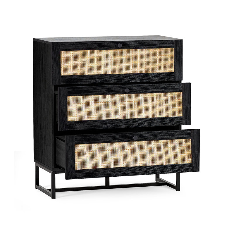 Reese 80cm W 3 - Drawer Chest of Drawers, Black/Rattan