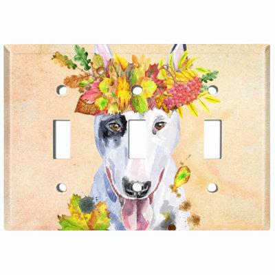 Metal Light Switch Plate Outlet Cover (Cute Bull Terrier Dog Flower Wreath Crown - Single Toggle)