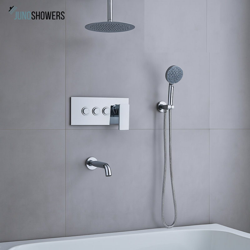 Juno Ceiling Mount 3 Way Shower Set Rainfall Shower Head With Triple Mixer & Handheld Shower