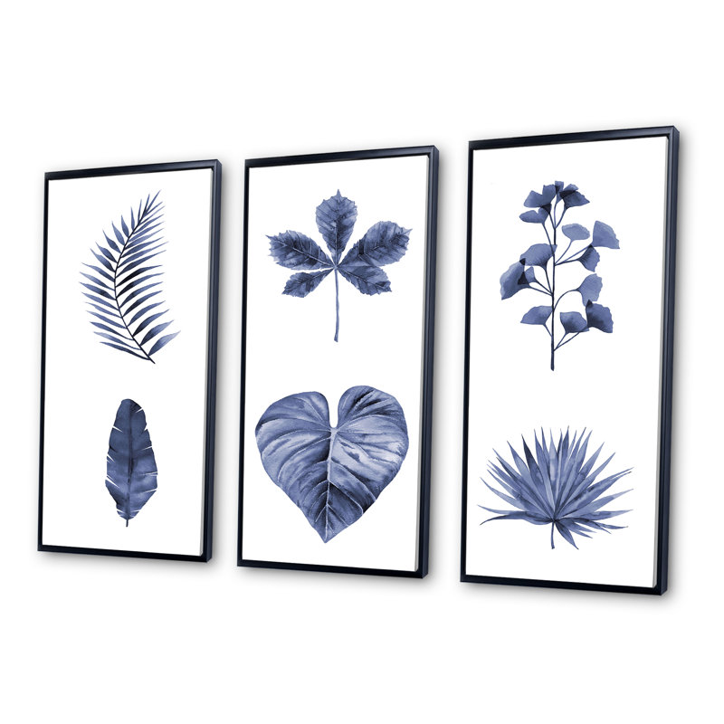 Abstrait bleu, ensemble de feuilles de plantes - impression sur toile flottante 3 pièces, H 28 po x l 36 po x P 1 po