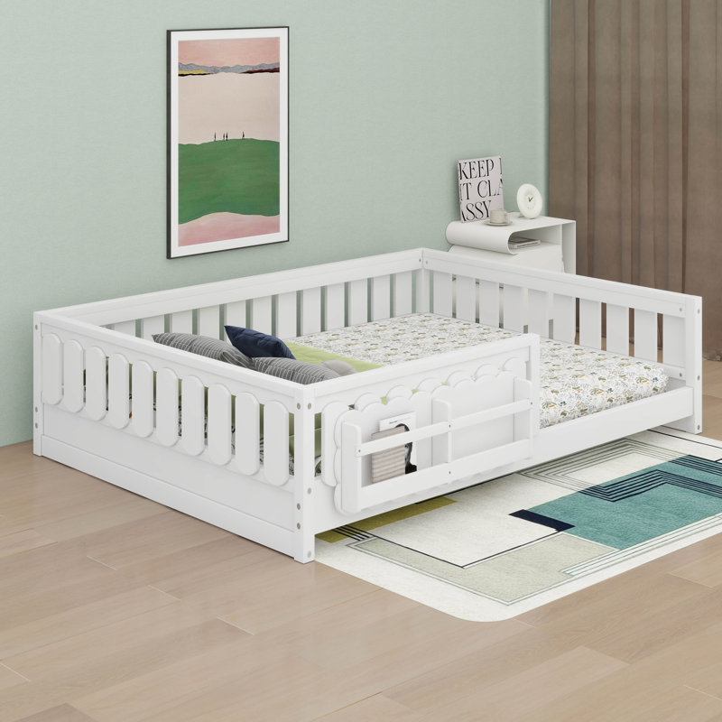 Lit avec étagères de rangement, cadre de lit plateforme en bois avec garde-corps de sécurité, Lit double, Blanc