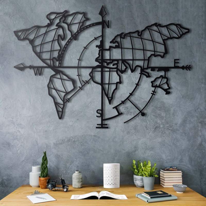 World Map Compass Wall Décor, Black
