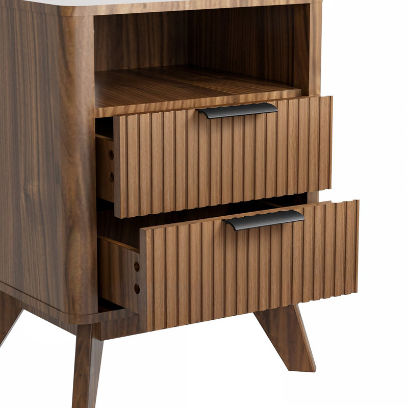 Lataurus Modern Nightstand with 2 Drawer, 24.02'' H for Bedroom/Living Room, Wooden Bedside Table with Drawers, Farmhouse Nightstand with Open Shelf Storage for Room Decor