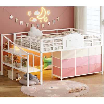 Lit mezzanine bas avec 9 tiroirs, lit mezzanine double en métal avec lumières DEL et espace de rangement sous le lit, blanc