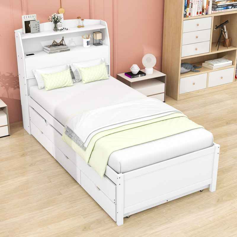 Lit plateforme en bois à 3 tiroirs avec lit gigogne, Simple, Blanc