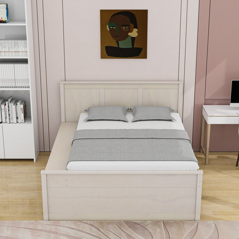 Lit plateforme en bois avec lit gigogne et tablettes de rangement, Lit double, Blanc, crème