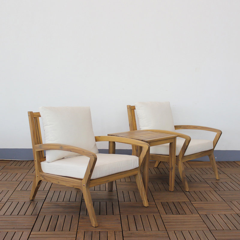 Ensemble de conversation d'extérieur en bois d'acacia pour 2 personnes avec coussins Chanon (ensemble de 3 pièces), Blanc