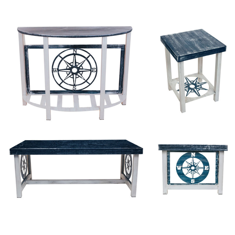 Nautical Compass Table Set. 1- Rounded Sofa Table, 1- Rectangle Coffee Table, 2- Square Iron End Tables