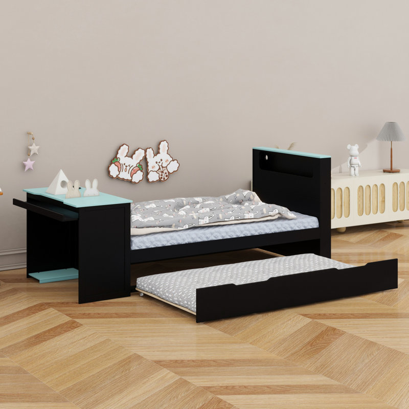 Élégant lit de jour en bois avec lit gigogne, bureau, lumières DEL et système de charge USB, Noir + bleu