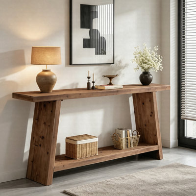 Console en bois massif 70,9 po, table de ferme à 2 niveaux avec canapé, table de rangement pour le vestibule