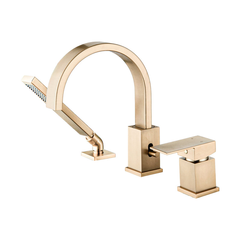 Brushed Gold Deck Mounted Waterfall Tub Faucet With Shower Head. Stainless Steel, Ceramic Cartridge, 2 Gpm Max Flow Rate For Convenience . 3 Roman Filler, 360 Swivel Spout, Steel