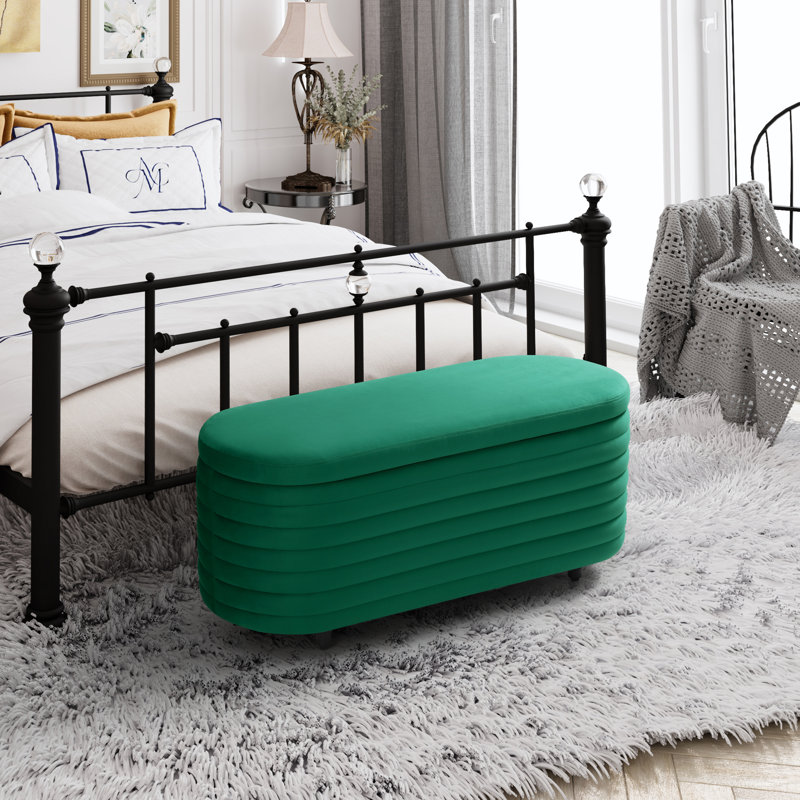 Banc de rangement rembourré en polyester Farrah, H 18,1 po x l 42,5 po x P 17 po, Vert