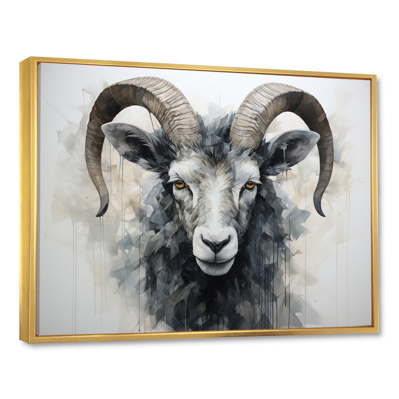 " Black And White Ram Supremacy ", 12" H x 20" W x 1" D, Gold Floater Framed