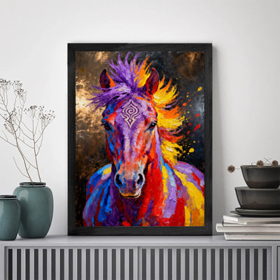 Art encadré noir Le cheval non restreint peint avec de la peinture et de la fourrure, impressions sur toile de style rétro