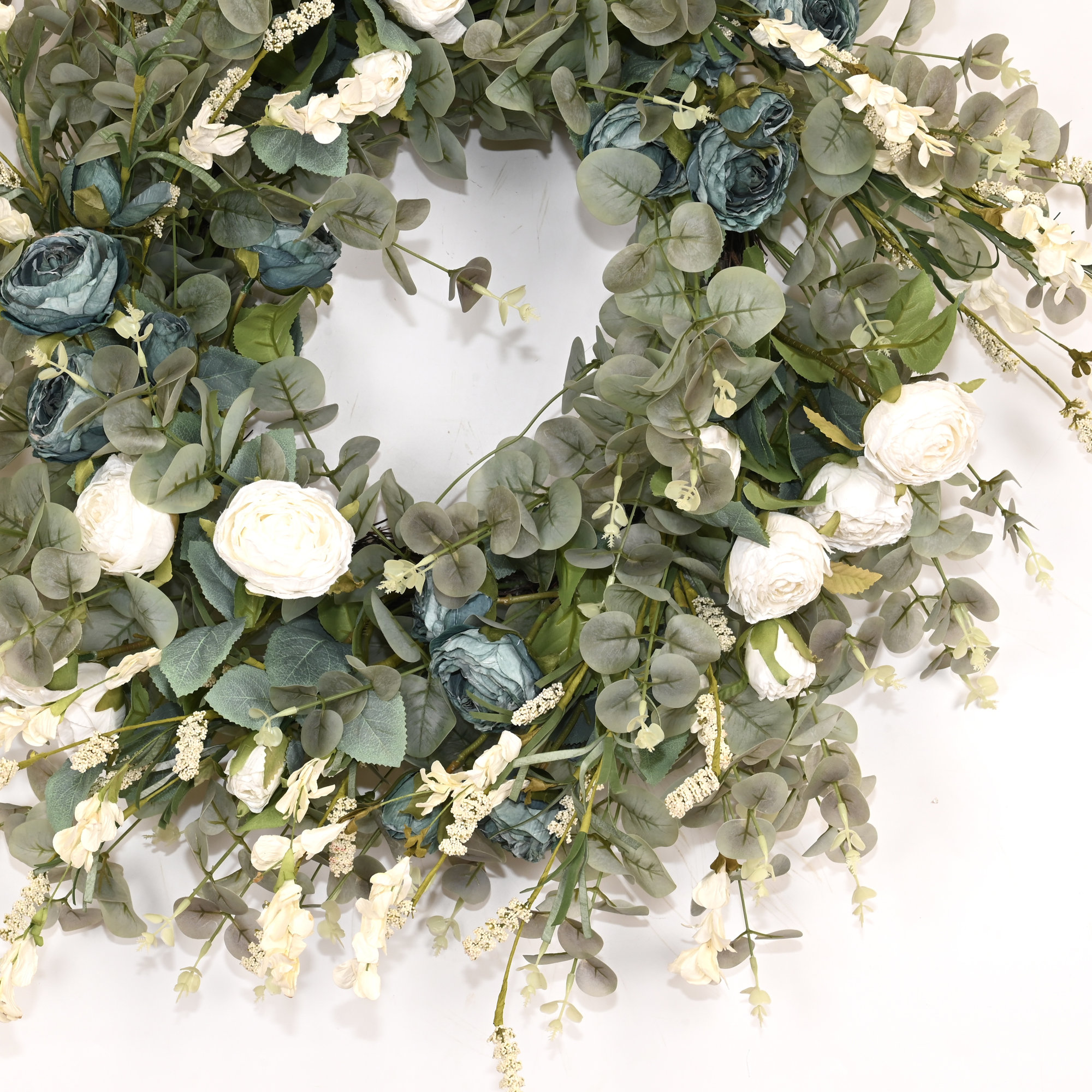 26" Artificial Everyday Eucalyptus Berry Rose Floral Front Door Wreath For Wedding Party Home Decor, Green/Blue/White