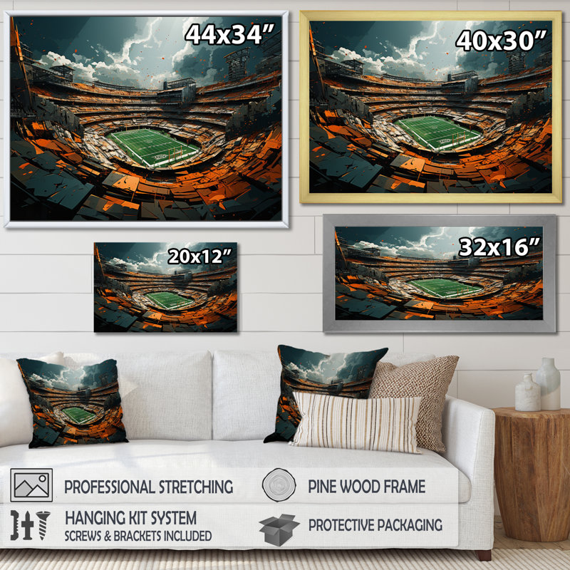 «Green Football Abstract Stadium», reproduction sur toile, Cadre flottant doré, H 16 po x l 32 po