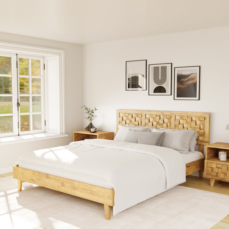 Solid Rubber Wood Bedframe With Headboard No Box Spring Needed,800lbs Capacity, Queen, Natural