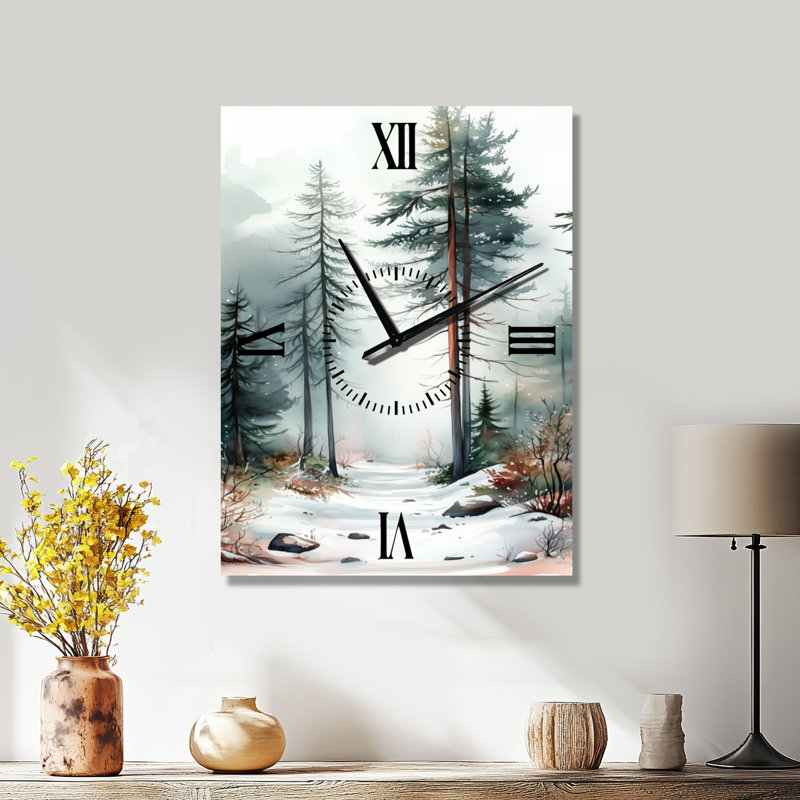 Chemin de la forêt de pins enneigés I - Horloge murale en métal pour cabane, H 32 po x l 24 po - Rectangle