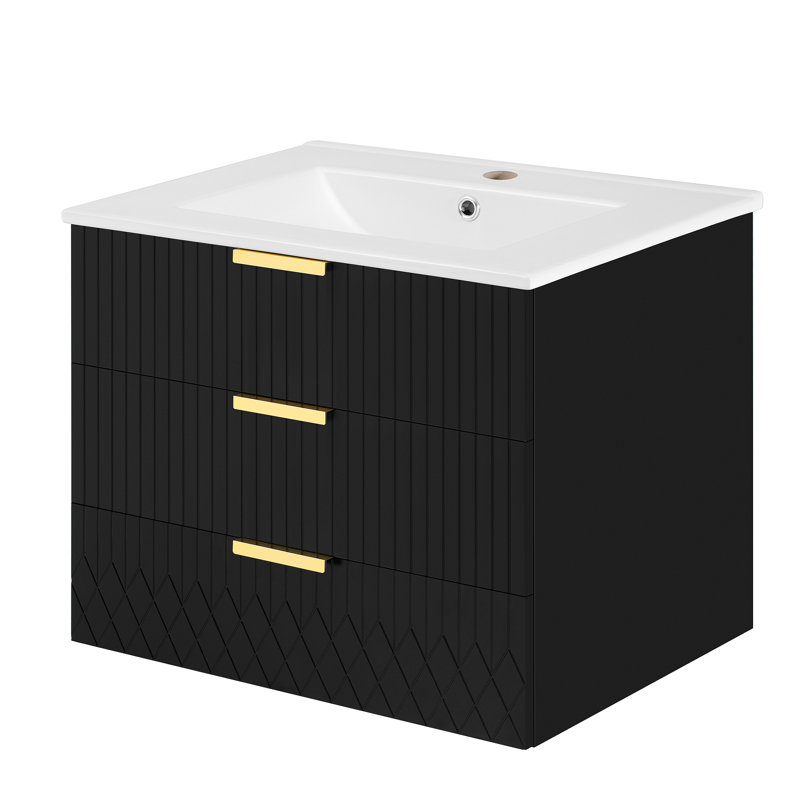 Armoire murale suspendue 24 po avec tiroir double, petit lavabo de salle de bain rectangulaire flottant avec trou de robinet simple et trop-plein, armoire de salle de bain moderne avec lavabo en céramique