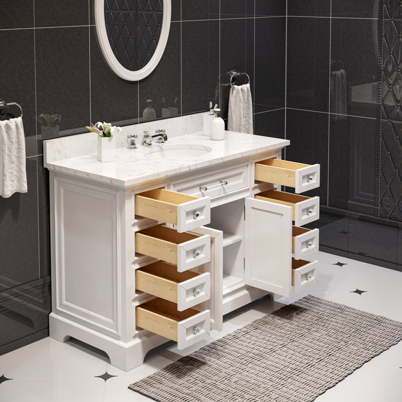 Derby 48" Carrara White Marble Countertop Bath Vanity with Faucet and Mirror, White