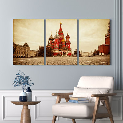 St Basil Cathedral Moscow Russia Vintage Sepia Tone Canvas Wrapped Wall Art Oil Painting Print Set of 3