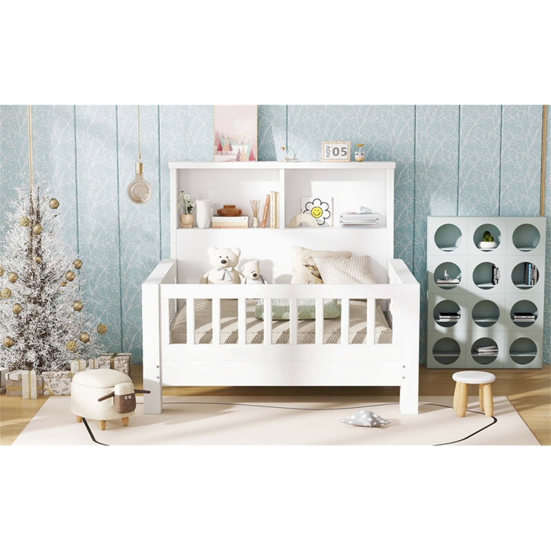 Lit plateforme simple avec tête de lit escamotable, conception escamotable, rails de sécurité de haute qualité, blanc, Blanc