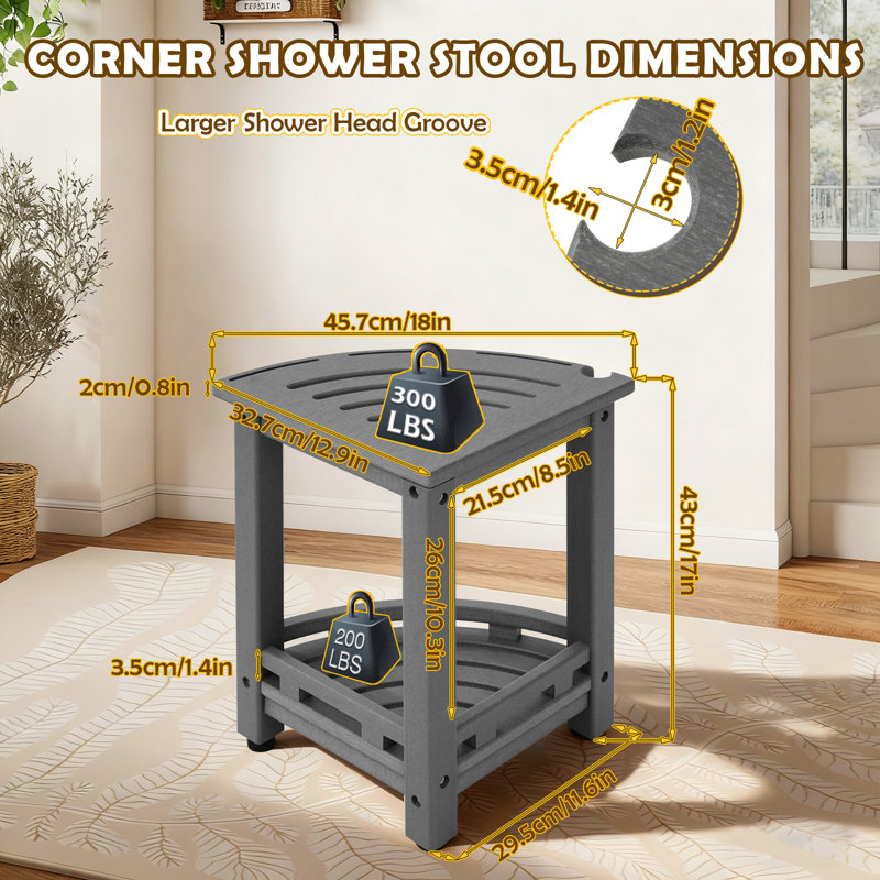 Shower Bench For Inside Shower - Hdpe Poly Corner Shower Stool For Shaving Legs, 300lbs Shower Seat With Storage Shelf, Shower Chair For Bathroom Indoor Outdoor Use, Grey/white/black