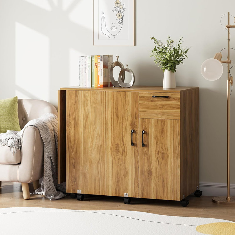 Table de couture pliante avec rangement, table de machine à coudre avec tiroir coulissant et armoire, poste de travail polyvalent avec roues verrouillables et tablettes réglables pour la maison