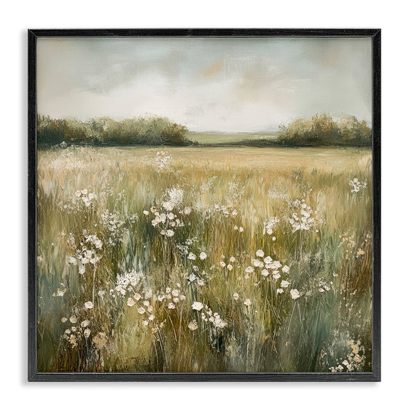 Giclée encadrée de champ de fleurs neutre, design par Petal Prints Design, H 12 po x l 12 po, Giclée encadrée noir minuit