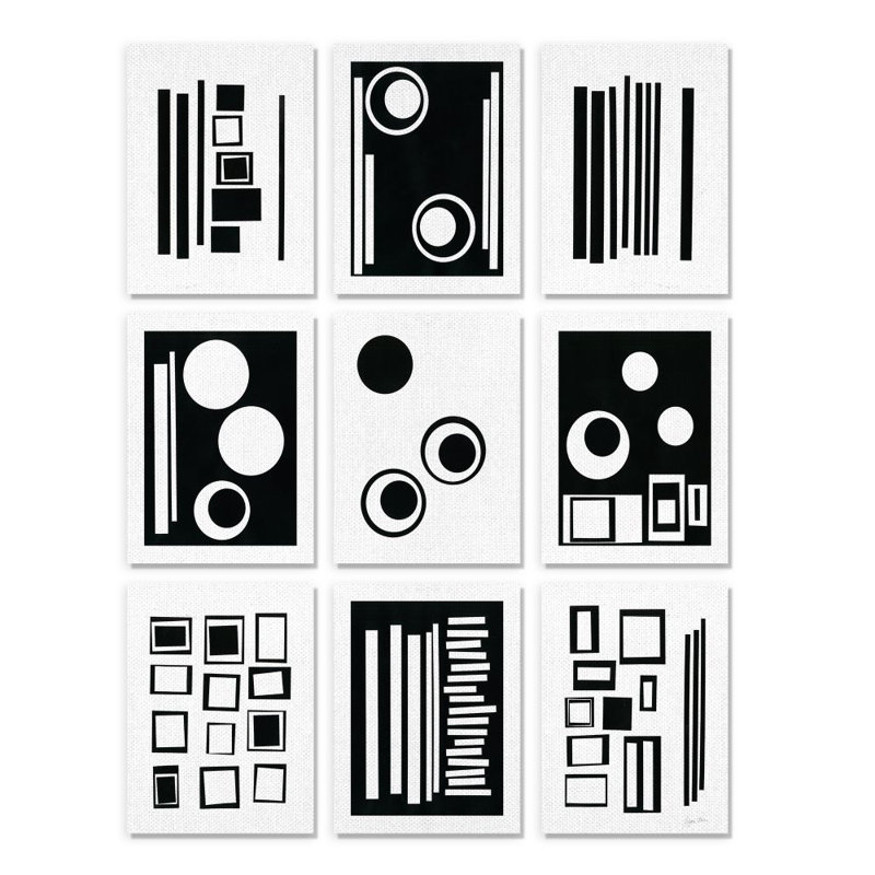 «Black and White Abstract Geometric Shape Designs» par Regina Moore, ensemble de 9 reproductions d'art sur toile non encadrées