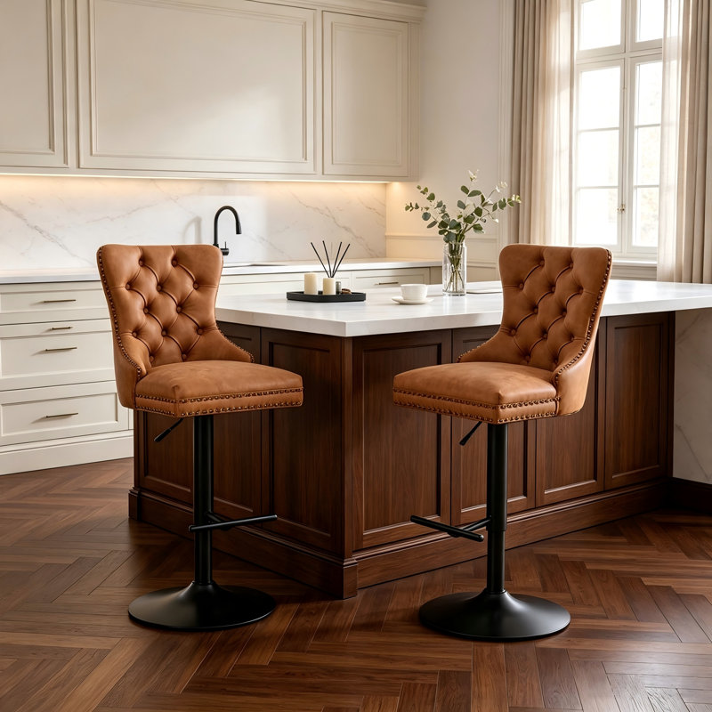 Ensemble de 2 tabourets de bar en similicuir capitonné à hauteur ajustable avec base, Simili cuir, Orange, Noir