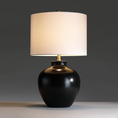 Lampe de table en céramique noire à 3 voies avec abat-jour tambour