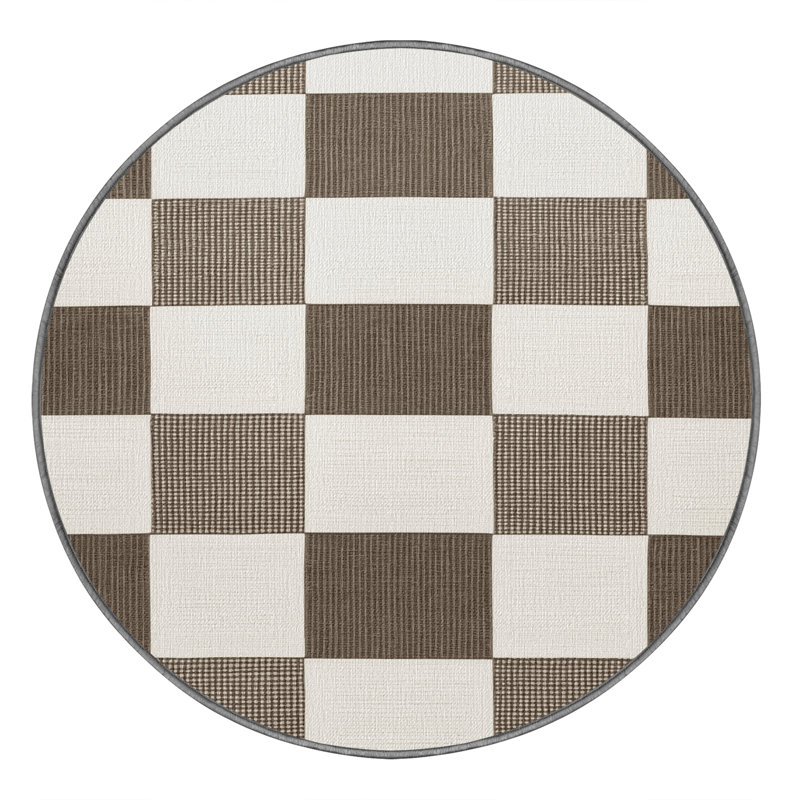 Tapis gris à carreaux lavable à la machine, Rond 8 pi